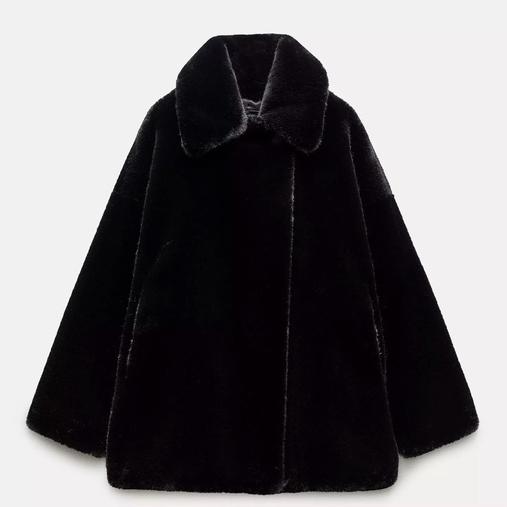 Zara Elegant Black Faux Fur Coat size xs-s